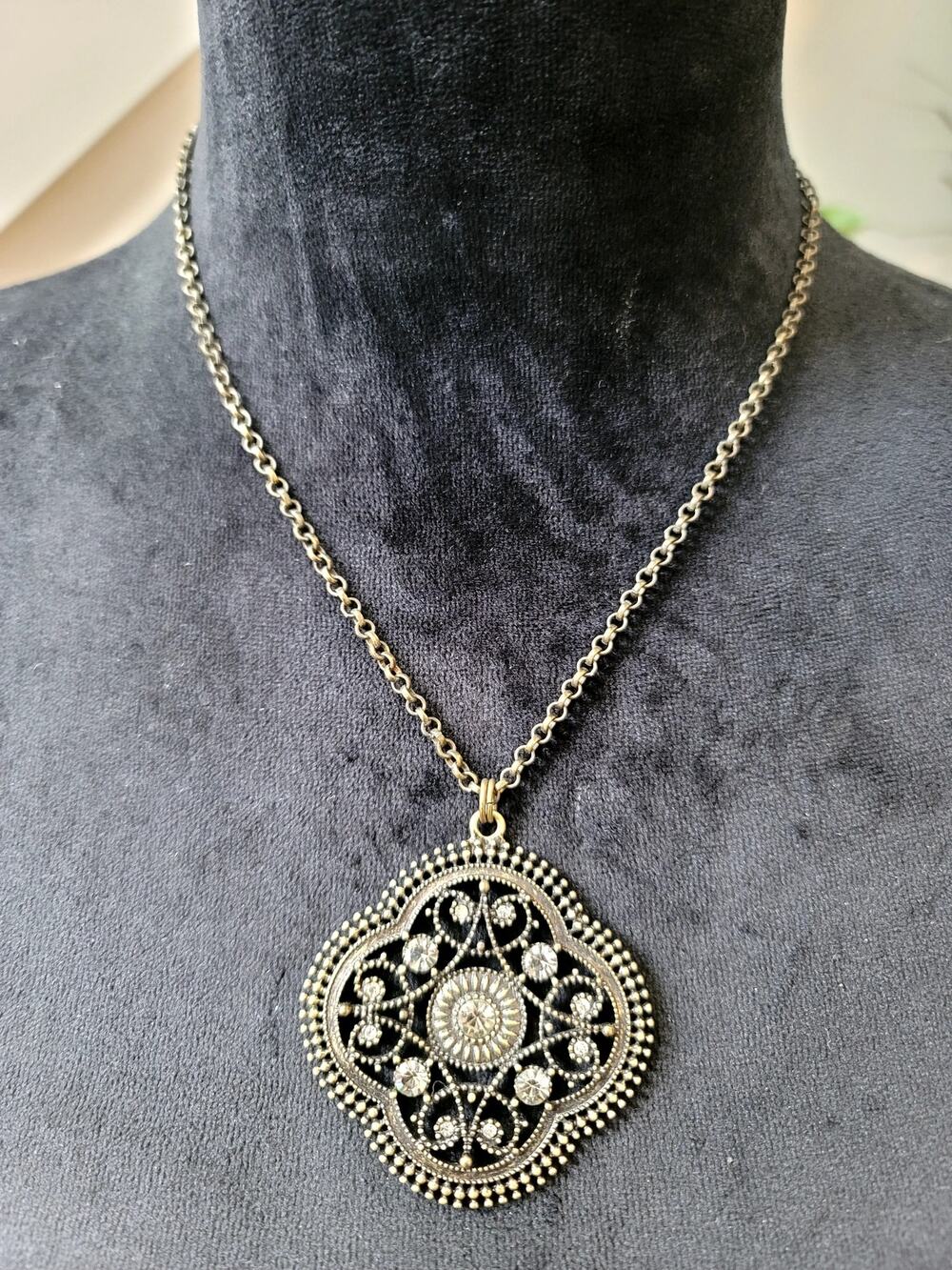 Express Antiqued Bronze Tone Filigree Rhinestone Pendant Necklace Boho Chic